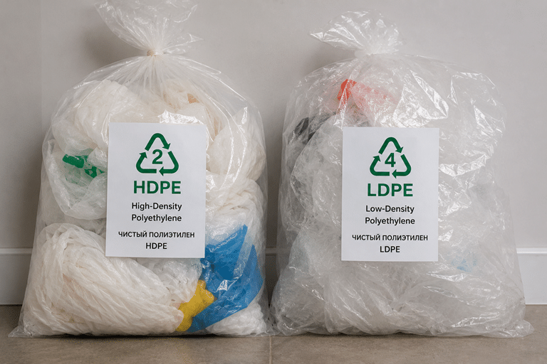 Чистые полиэтиленовые пакеты с маркировкой HDPE и LDPE, подготовленные к сдаче на переработку